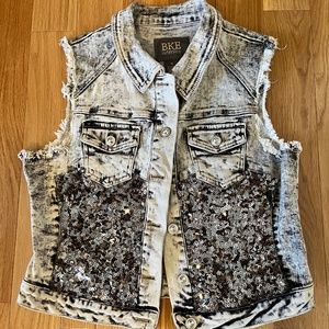 BKE Distressed Black Jean Vest with Sequins - Size M